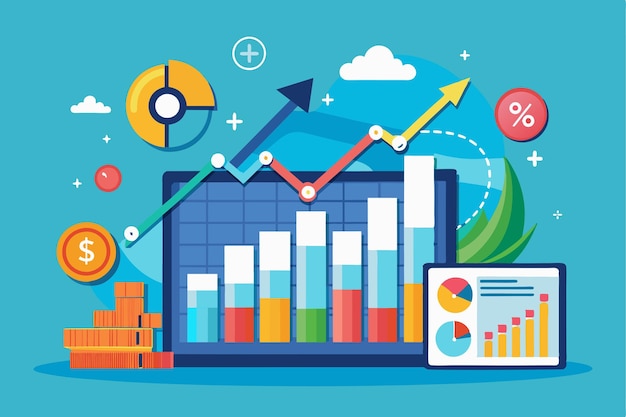 固定分析師數據趨勢的視覺表示,顯示有色圖表和增長指標的財務指數.