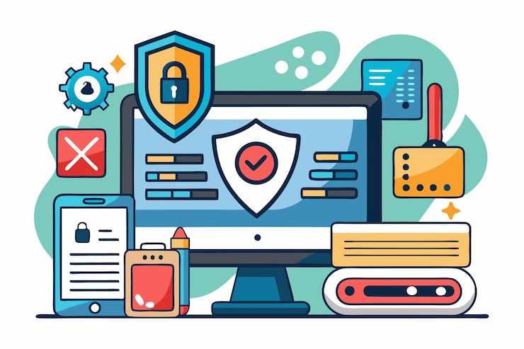 Vector a visual representation of secure data input featuring a computer and security icons on a desk setting secure computer data input simple illustration