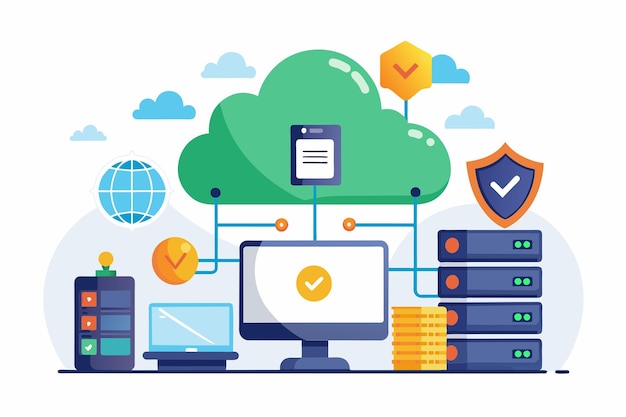 a visual representation showcasing the process of securely storing data in the cloud using internet services securely store data in the cloud with internet database and flat illustrations