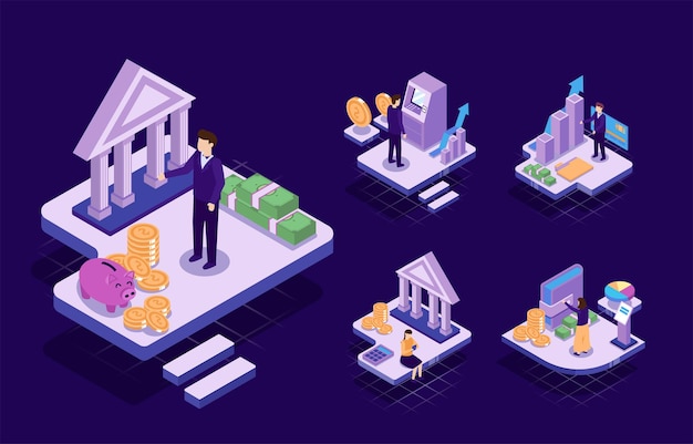 Visual with young businessman and woman have plan to work and create finance target. technology working concept, isometric illustration