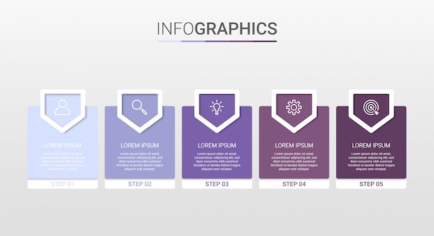 Visualisatie van bedrijfsgegevens, infographic sjabloon met 5 stappen