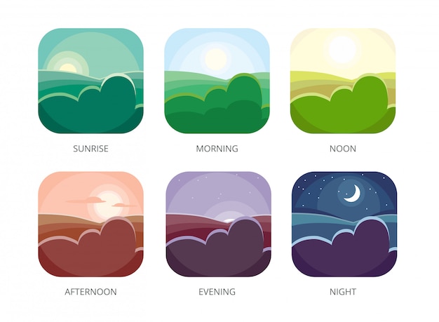 Visualisatie van verschillende tijdschema&#39;s, Ochtend, middag en nacht, Vlakke stijlzonsopgang en middag, avondlandschap