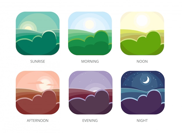 Visualizzazione di varie ore, mattina, mezzogiorno e notte, alba in stile piatto e pomeriggio, paesaggio serale