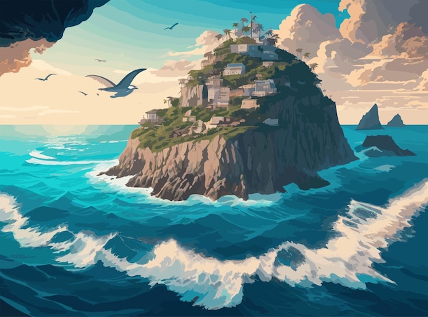 _Visualize a comprehensive vector illustration showcasing a lively sea landscape with an island duri
