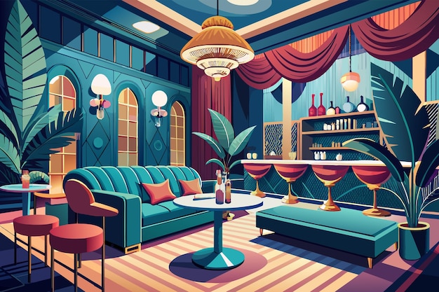 Vector visualize a glamorous cocktail hour in a swanky lounge area with velvet couches and a sleek marble bar