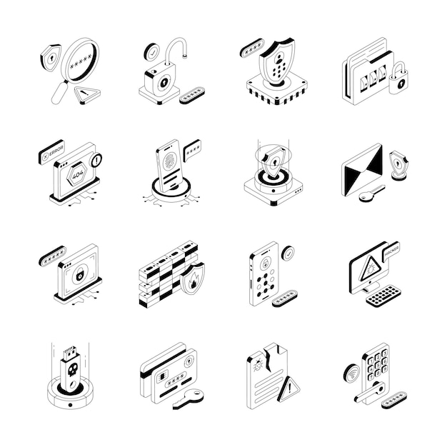 visually engaging set showing cyber safety and attacks isometric icons