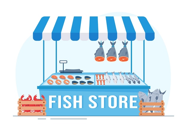 Viswinkel om verschillende verse en hygiënische producten op de markt te brengen Zeevruchten in platte cartoonillustratie
