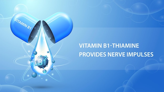 Vitamin b1, blue information poster with abstract pill capsule with drop of vitamin b1