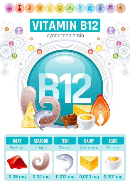 비타민 B12 코발라민 식품 인포 그래픽 포스터. 건강한 다이어트 보조제 디자인