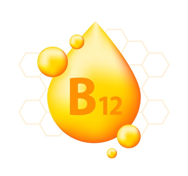 ビタミン B12 とリアルなドロップ 真ん中にビタミンの粒子