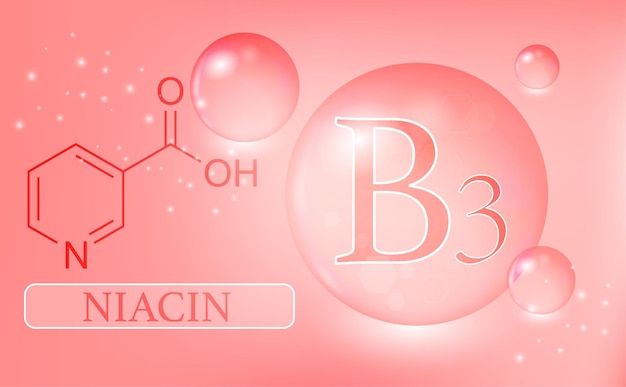 Vitamin B3 niacin water drops capsule on a pink background Vitamin complex with chemical formula Information medical poster Vector illustration