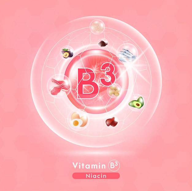 Vitamina b3 capsula pillola rosa complesso vitaminico con formula chimica frutta e verdura