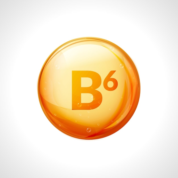 Vitamin b6 pill . Pyridoxine nutrition care. Gold drop essence. Isolated golden  symbol of b6 vitamin medicine.