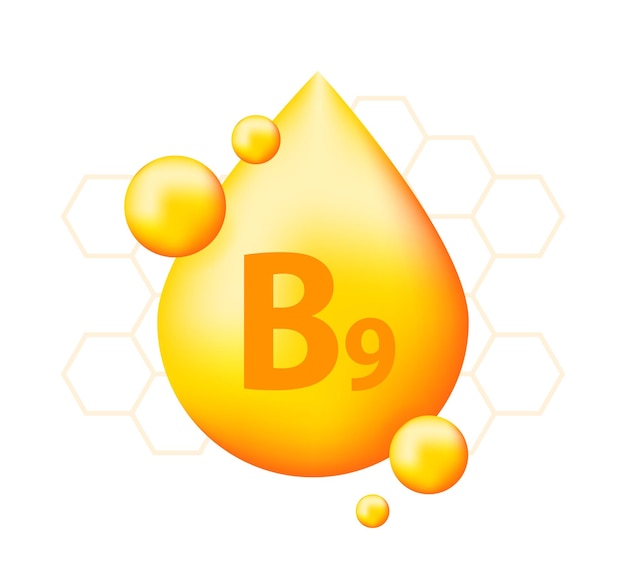 ビタミン B9 とビタミン B9 のリアルなドロップ 真ん中にビタミンの粒子