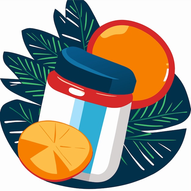 Vector vitamin c in colorful plastic container and oranges with green leaves on white background