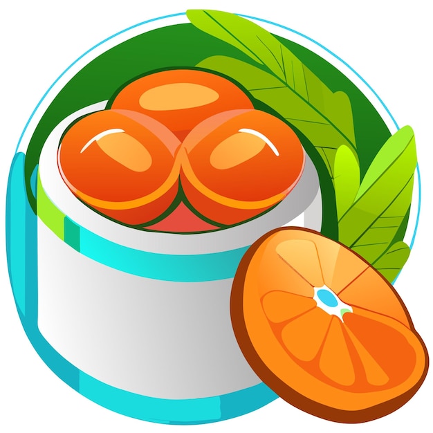 vitamin c in colorful plastic container and oranges with green leaves on white background