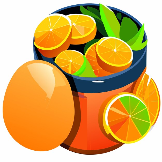 vitamin c in colorful plastic container and oranges with green leaves on white background