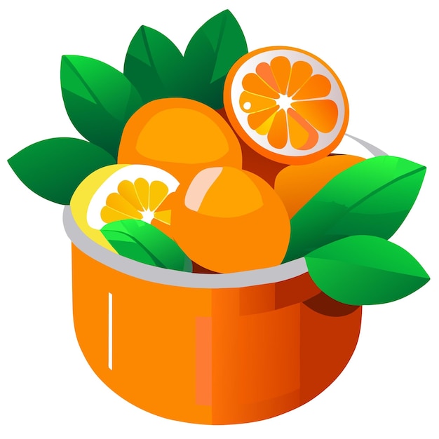 vitamin c in colorful plastic container and oranges with green leaves on white background