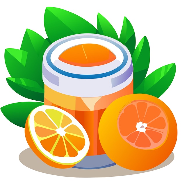 다채로운 플라스틱 용기에 들어 있는 비타민 C와 흰색 배경에 녹색 잎이 있는 오렌지