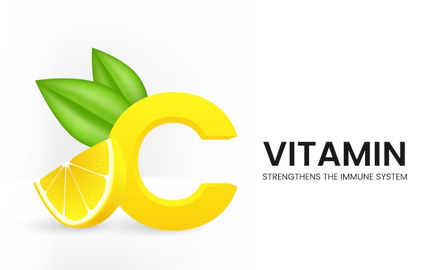 Vitamin C effervescent soluble pills with lemon flavor. Realistic lemon sliced with green leaf