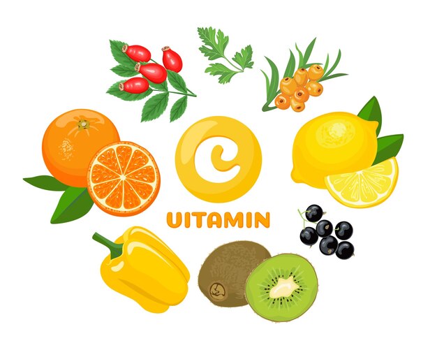 Vector vitamin c in fruits and vegetables infographics