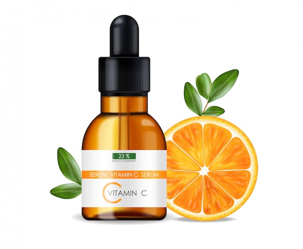 Siero di vitamina c, azienda di bellezza, flacone per la cura della pelle, confezione realistica e agrumi freschi isolati, essenza di trattamento, cosmetici di bellezza