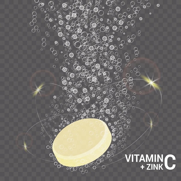 Pillole solubili di vitamina c e zinco al gusto di arancia in acqua con bollicine frizzanti scintillanti su uno sfondo trasparente. acido ascorbico. complesso vitaminico