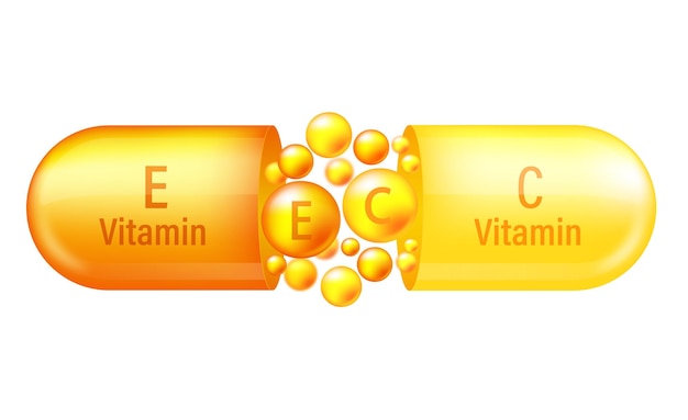 Vector vitamin complex a and e yelllow capsule with vitamin a and e on white background vector illustration