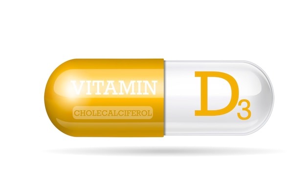 Витамин d3 холекальциферол двухцветные капсульные таблетки пищевая добавка на белом фоне векторная иллюстрация