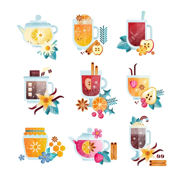 Vitamin healthy drinks in transparent cups and teapots illustrations on a white background