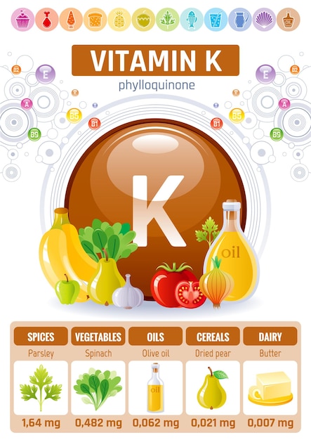 비타민 K 식품 인포 그래픽 포스터. 건강한 다이어트 보조제 디자인