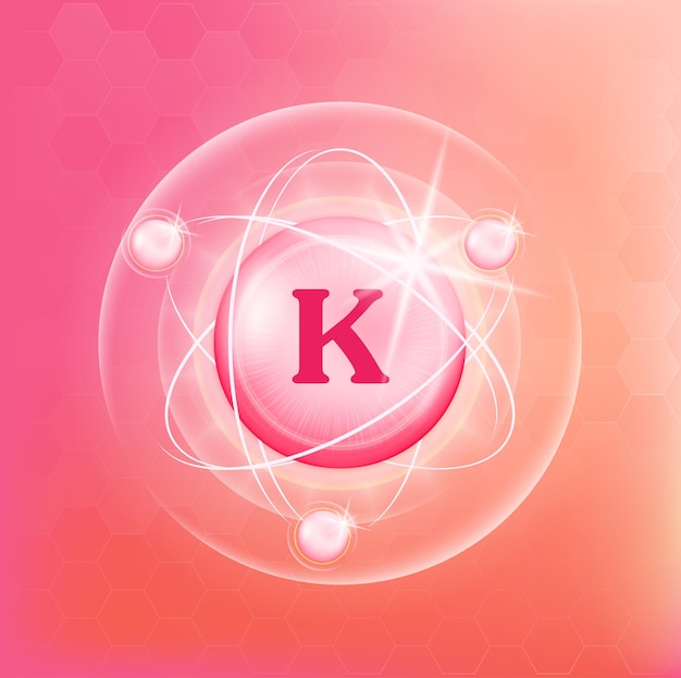 Vitamin K icon structure pink yellow substance Medicine health symbol of thiamine care beauty.