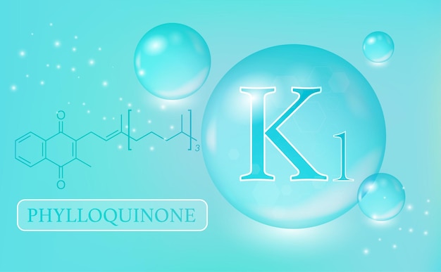 비타민 K1 필로퀴논 물은 파란색 그라데이션 배경에 캡슐을 떨어뜨립니다. 화학식 정보 의료 포스터 벡터 일러스트와 함께 비타민 복합물