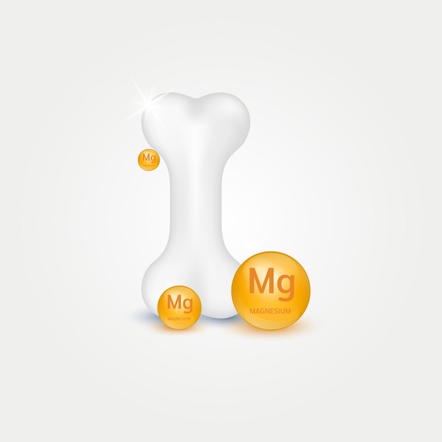 흰색 배경에 있는 비타민 미네랄 마그네슘(mg) 원형 볼은 뼈를 강화하는 데 도움이 됩니다.