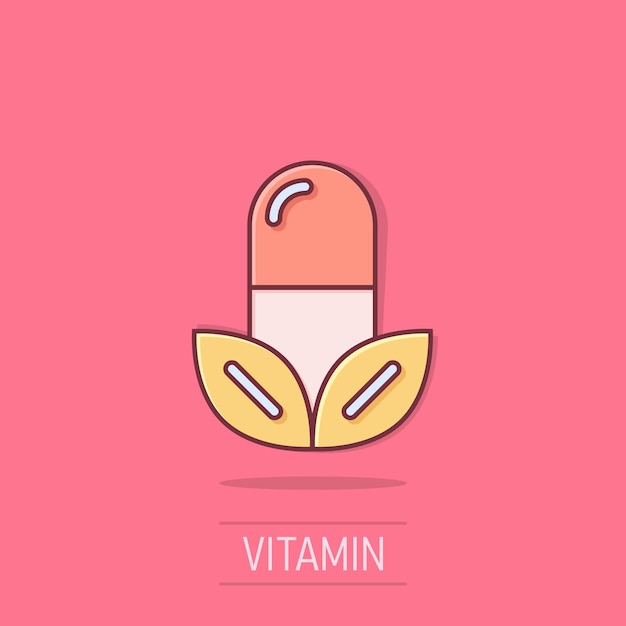 Vettore iconica di una pillola di vitamine in stile fumetto illustrazione vettoriale di una capsula di cartoni animati su uno sfondo isolato segno commerciale con effetto di spruzzo antibiotico