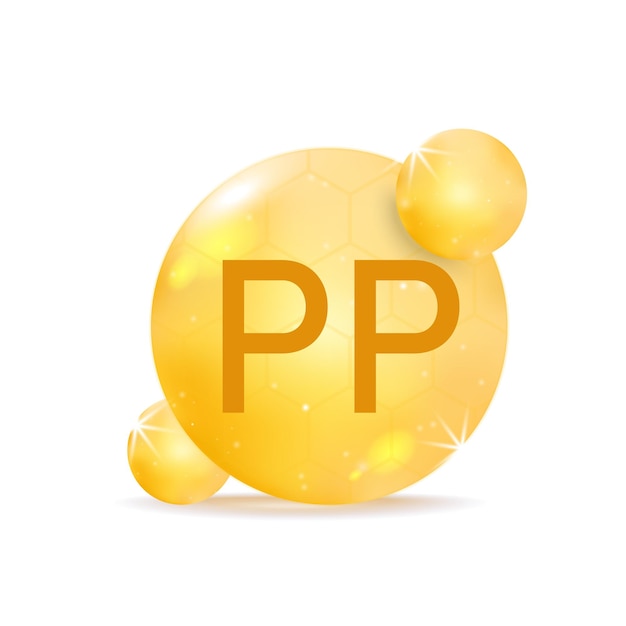 Vitamin pp golden icon. drop vitamin pill capsule.