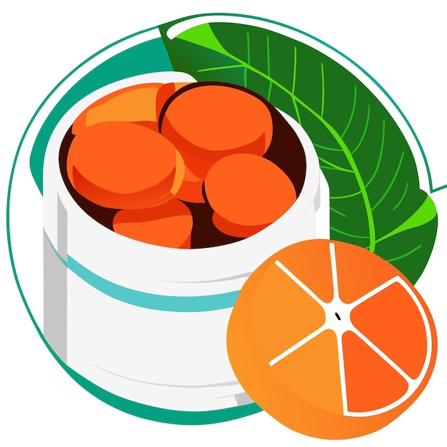 vitamine c in kleurrijke plastic container en sinaasappelen met groene bladeren op witte achtergrond