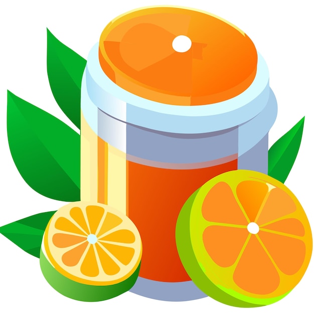 vitamine c in kleurrijke plastic container en sinaasappelen met groene bladeren op witte achtergrond