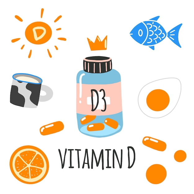 Vitamine d pot met pillen zon vis melk oranje ei platte cartoon vector illustratie hand getekende stijl geïsoleerd op wit positieve gezondheid schoonheid en wellness concept