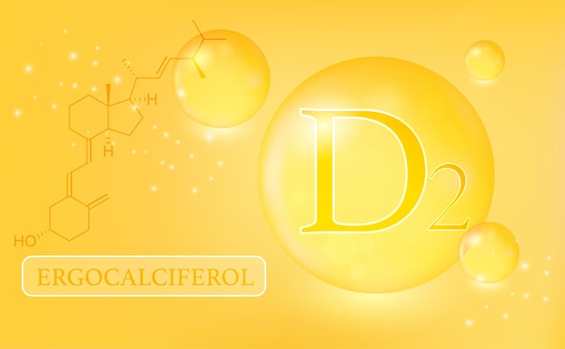 Vitamine D2 ergocalciferol waterdruppels capsule op oranje achtergrond met kleurovergang Vitaminecomplex met chemische formule Medische informatieposter Vectorillustratie