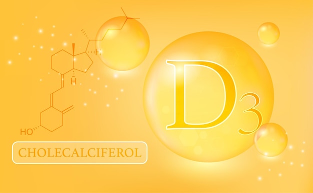 Vitamine D3 cholecalciferol waterdruppels capsule op een oranje achtergrond met kleurovergang Vitaminecomplex met chemische formule Medische informatieposter Vectorillustratie