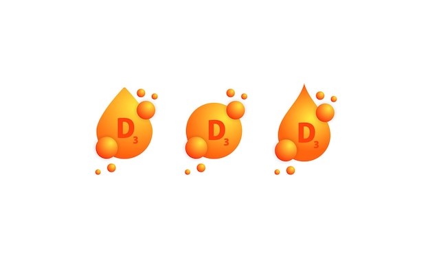 Vector vitamine d3 pictogramserie. glanzende gouden druppel stof. schoonheidsbehandeling voeding huidverzorging ontwerp. vitaminecomplex met chemische formule, groep d3, thiamine. vector op geïsoleerde witte achtergrond.