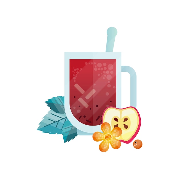 Vector vitamine gezonde kruidenthee pittige drank met appel en munt in transparante mok vector illustratie op een witte achtergrond