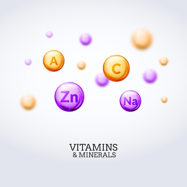 Vitamine minerale kleurrijke elementen achtergrond. gezondheidszorg vitaminen en mineralen concept illustratie.