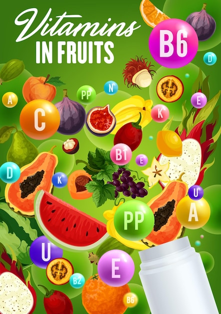 Vettore complesso di vitamine in frutta biologica naturale