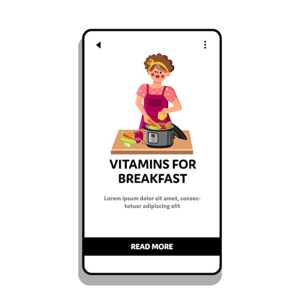 밥 솥 벡터를 준비 하는 아침 식사를 위한 비타민입니다. 젊은 여성 요리사는 아침을 위한 비타민, 건강한 요리를 위한 맛있는 재료를 준비합니다. 캐릭터 요리 진미 식사 웹 플랫 만화 일러스트 레이션