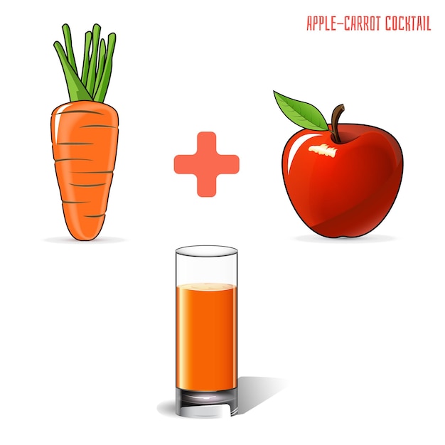 Infografica di vitamine, cocktail di carote e mele per una dieta sana.