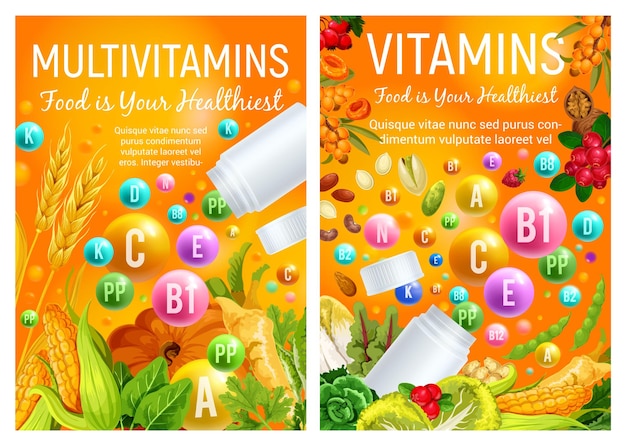 Vitamins pills in vegetables and fruits