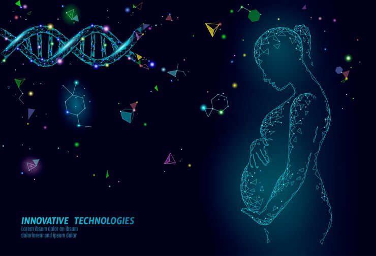 Vector in vitro fertilization  low poly. pregnant woman medicine health care pregnancy healthy business concept. polygonal girl holding big belly. medical center birth help ivf modern concept