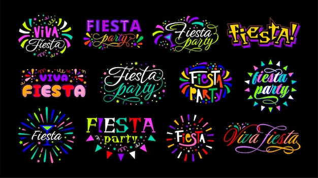 Vector viva fiesta party belettering holiday celebration embleem in mexicaanse latijnse en spaanse tradities siergebeurtenis badges vector set